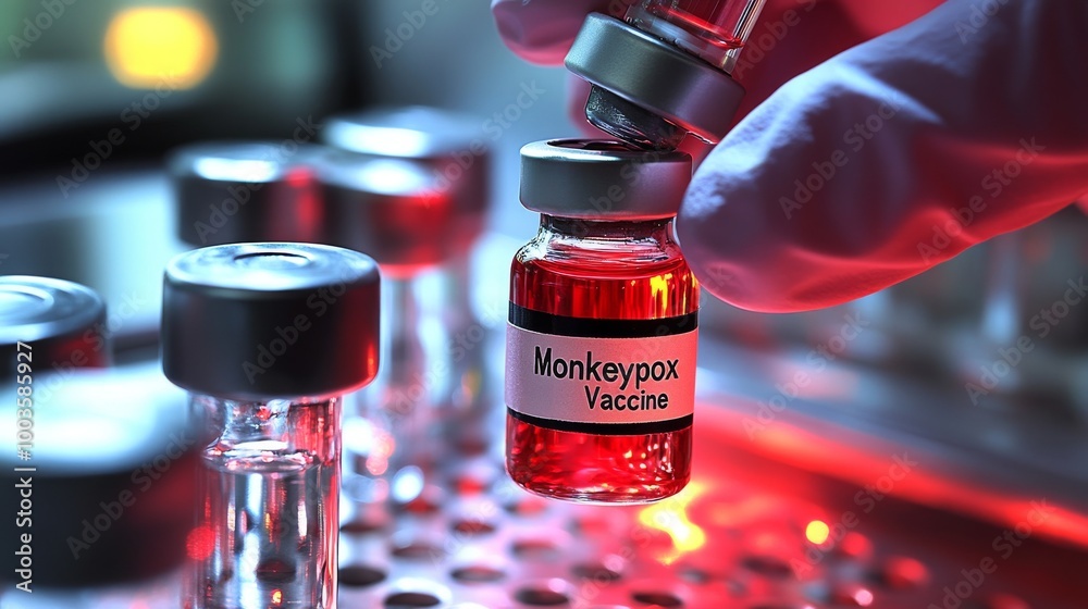 Monkeypox vaccine vial being held over a tray of similar vials with red lighting. Monkeypox vaccine vial being held over a tray of similar vials with red lighting.