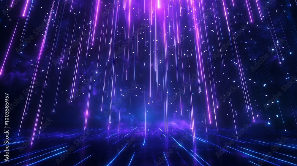Vibrant purple digital light rays cascade down in a futuristic style against a dark background, creating a dynamic visual effect. Vibrant purple digital light rays cascade down in a futuristic style against a dark background, creating a dynamic visual effect.