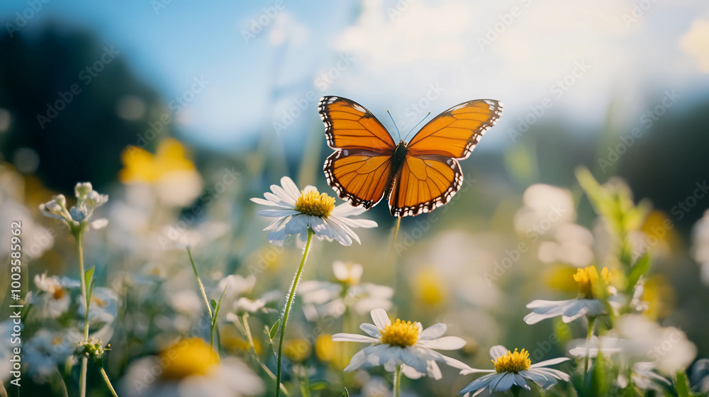 Butterfly on daisy flower in the garden, Butterfly on daisy flower in the garden,