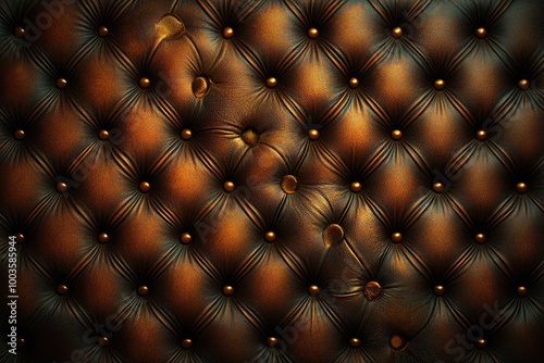  Luxurious background with a brown and gold Chesterfield leather texture, golden lighting. Created with Ai