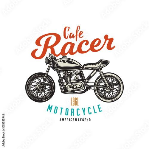 Cafe racer custom motorcycle. Original vector illustration in vintage style. T-shirt design.