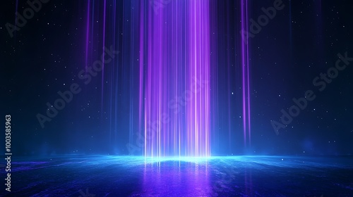 Vibrant purple light beams cascade from above against a dark background, creating a stunning visual effect.