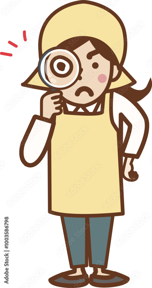 虫眼鏡で見るエプロン姿の若い女性。