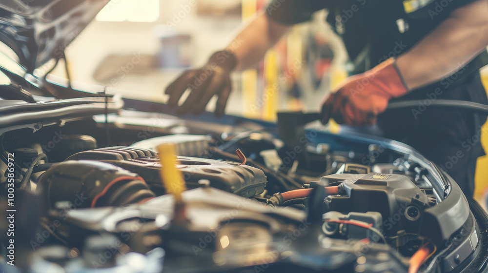Mechanic inspecting engine with tools scattered around, symbolizing vehicle malfunction and repair process. Mechanic inspecting engine with tools scattered around, symbolizing vehicle malfunction and repair process.