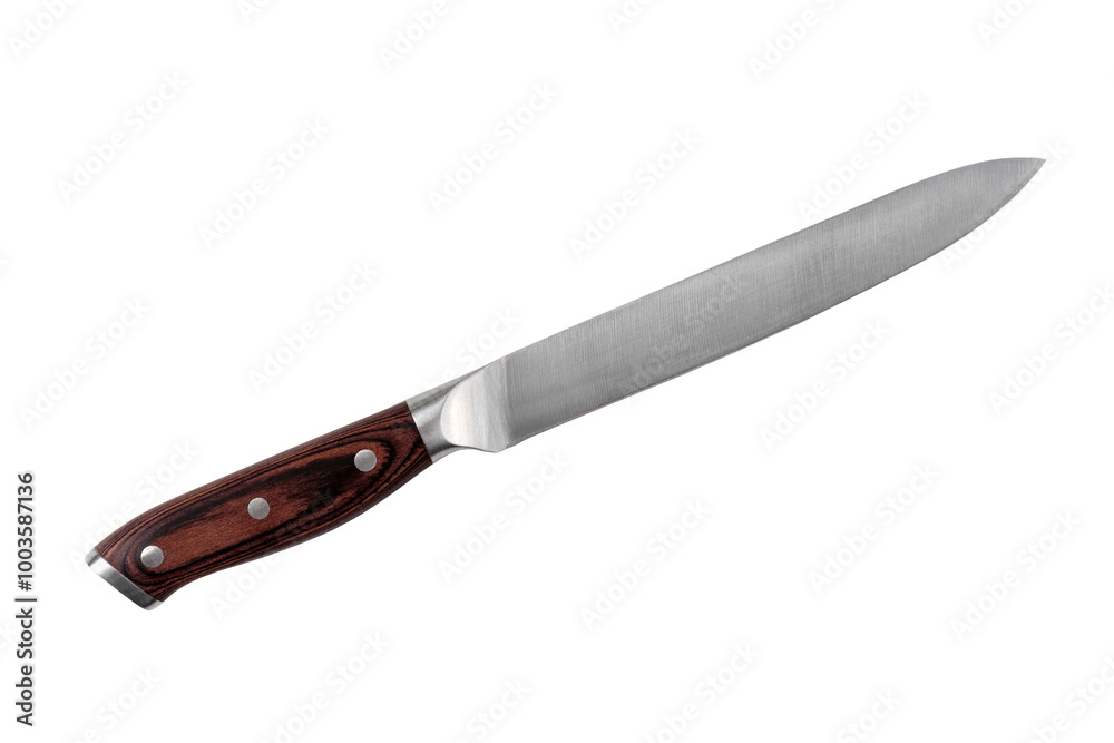 Large beautiful kitchen knife with a decorative insert handle made of natural wood. Large beautiful kitchen knife with a decorative insert handle made of natural wood.