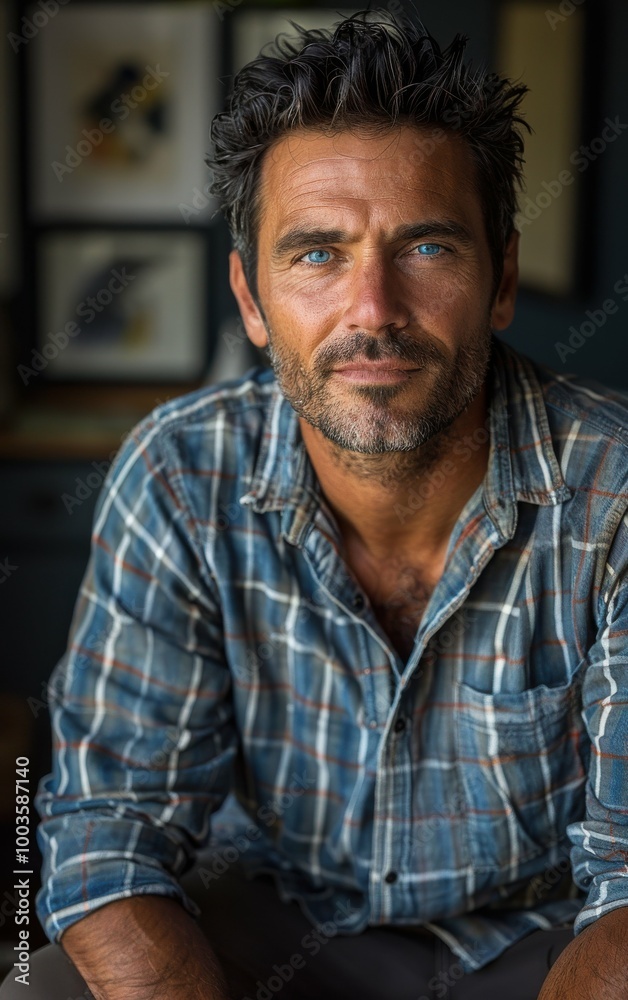 A man with a beard and blue plaid shirt is smiling. He is sitting on a chair A man with a beard and blue plaid shirt is smiling. He is sitting on a chair