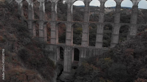 Aerial view of the arches of the site in Tepotzotlan, State of Mexico. Concept of nature and colonial architecture