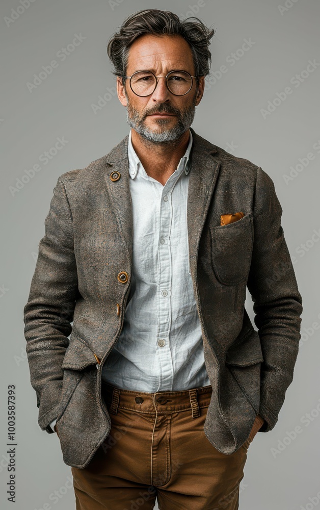Fototapeta premium A man in a brown jacket and tan pants stands in front of a white background. He is wearing glasses and has a beard