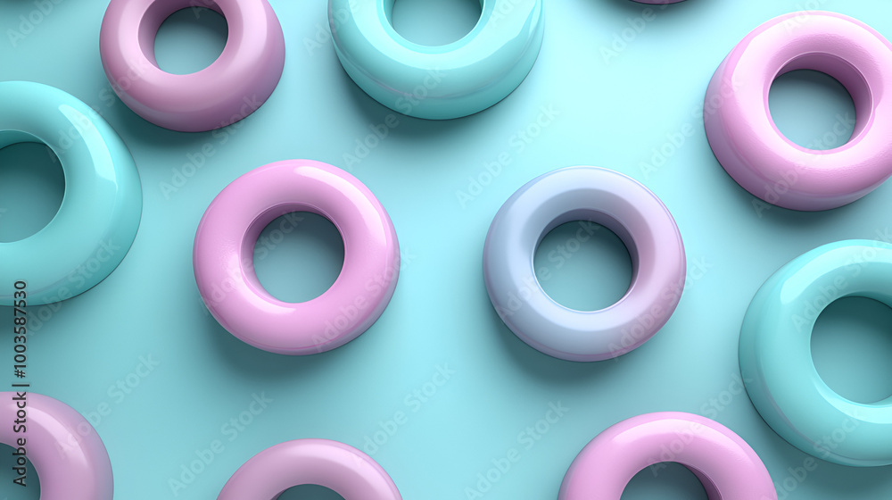 Colorful pastel donuts arranged on a vibrant blue surface showcasing a playful design perfect for modern decor or sweet-themed events