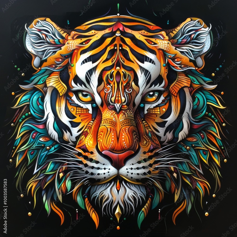 A stunning, colorful artistic depiction of a tiger's face with intricate patterns and bold colors, set against a black background. A stunning, colorful artistic depiction of a tiger's face with intricate patterns and bold colors, set against a black background.
