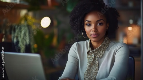 Confident woman working on laptop in modern office environment.