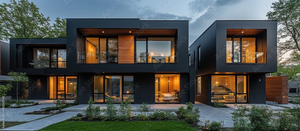 Contemporary black townhouse with large windows, wood accents, and a paved walkway. Contemporary black townhouse with large windows, wood accents, and a paved walkway.