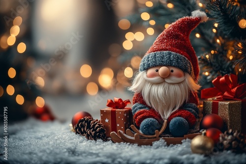 Christmas decoration with Santa Claus toy and gift box on bokeh background. Santa Claus on a small wooden sleigh with gifts. Christmas greeting card.