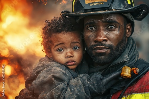 Firefighter rescuing a child amidst flames and smoke. photo