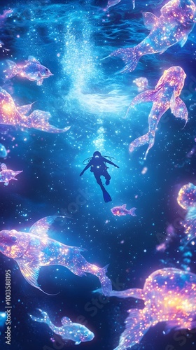 Wallpaper Mural Diver and Glowing Fish Torontodigital.ca