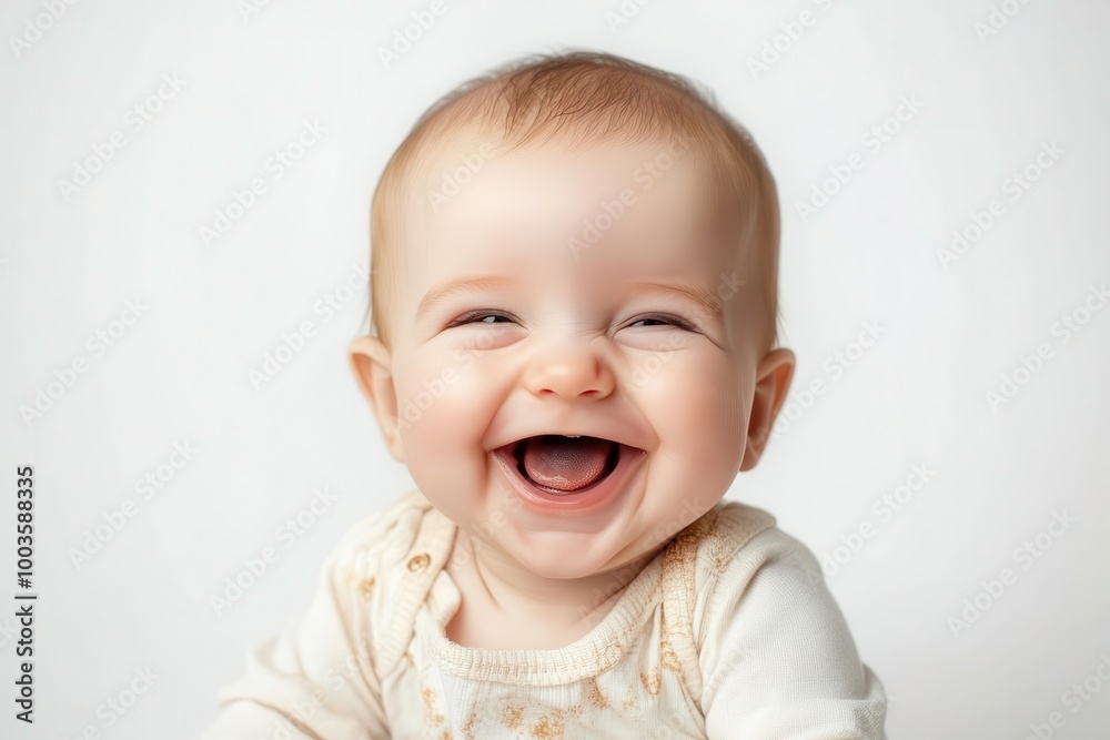 Happy baby smiling joyfully, white isolated background Happy baby smiling joyfully, white isolated background