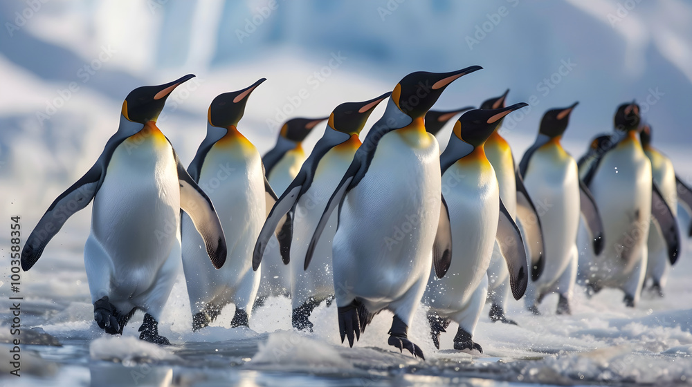 Obraz premium Adorable group of penguins waddling and sliding on icy terrain in their natural habitat.