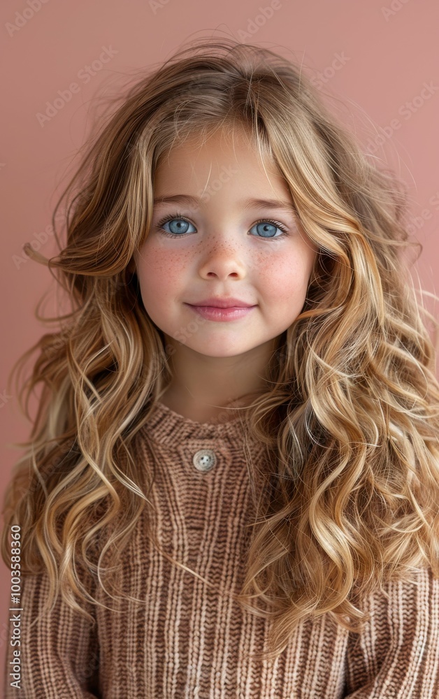 A young girl with long blonde hair and blue eyes is smiling for the camera. She is wearing a brown sweater and has a necklace around her neck. Scene is happy and cheerful A young girl with long blonde hair and blue eyes is smiling for the camera. She is wearing a brown sweater and has a necklace around her neck. Scene is happy and cheerful