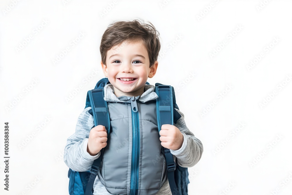 Happy child with backpack, smiling against a white background Happy child with backpack, smiling against a white background