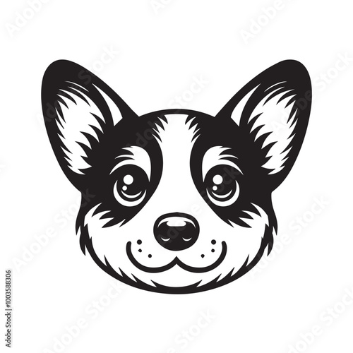 Welsh Corgi Dog Face Clipart Design - Dog Face Logo - Welsh Corgi Vector illustration in black and white
