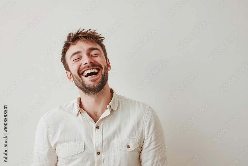 Fototapeta premium Happy young man laughing against a neutral background.