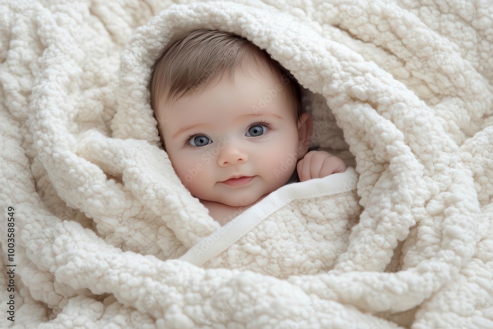 Infant wrapped in cozy white blanket, soft and serene expression. Infant wrapped in cozy white blanket, soft and serene expression.