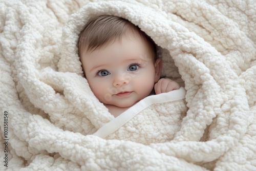 Infant wrapped in cozy white blanket, soft and serene expression.