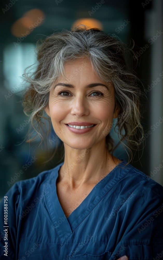 A woman with gray hair is smiling and wearing a blue scrubs. She is posing for a photo A woman with gray hair is smiling and wearing a blue scrubs. She is posing for a photo