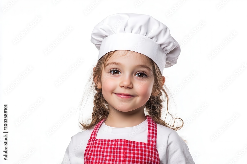 Small child wearing a chef hat and apron, smiling happily. Small child wearing a chef hat and apron, smiling happily.