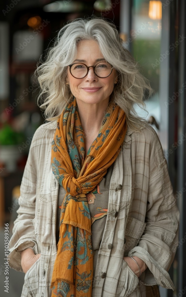 A woman with a scarf around her neck and glasses on her face. She is smiling and looking at the camera A woman with a scarf around her neck and glasses on her face. She is smiling and looking at the camera