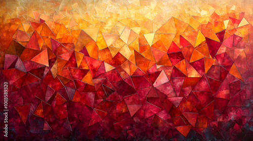 Vibrant abstract artwork featuring dynamic triangular patterns in shades of orange and red, evoking a sense of warmth and energy
