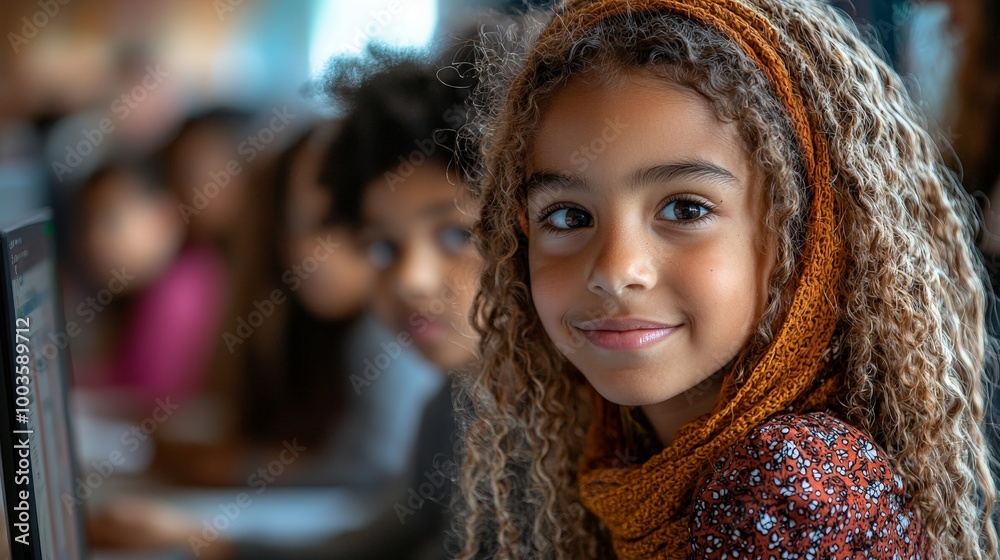 A young girl smiles at the camera in a classroom setting, focused on learning with peers. A young girl smiles at the camera in a classroom setting, focused on learning with peers.