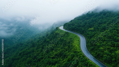 A scenic aerial view of a winding road surrounded by lush green forests and misty mountains, showcasing nature's beauty.