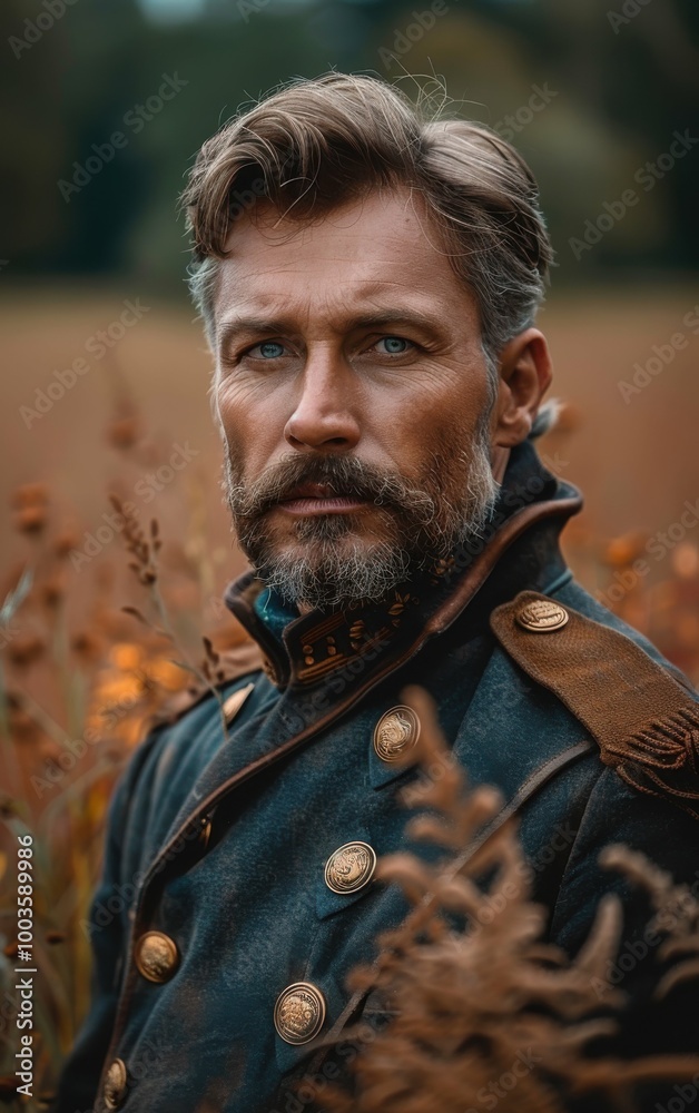A man with a beard and mustache is wearing a military uniform and standing in a field. The image has a nostalgic and historical feel to it, as if it were taken during a time of war A man with a beard and mustache is wearing a military uniform and standing in a field. The image has a nostalgic and historical feel to it, as if it were taken during a time of war