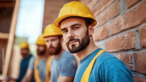 Focused construction worker wearing a yellow hard hat and safety vest, standing against a brick wall with team members in background.