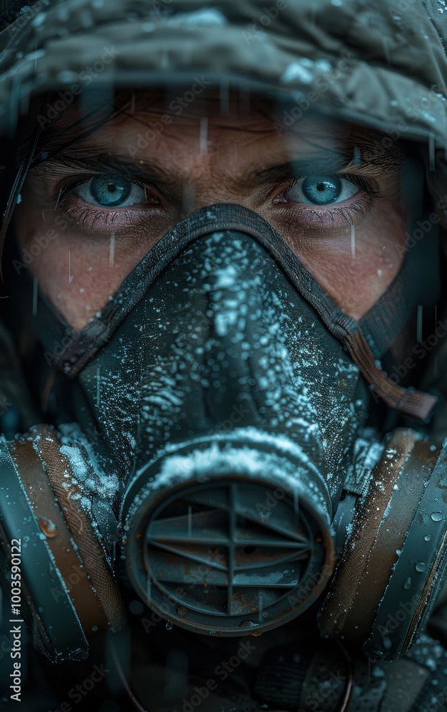 Fototapeta premium A man wearing a gas mask and a hooded jacket. The man's eyes are open and staring at the camera. Concept of danger and fear, as the man is wearing a gas mask