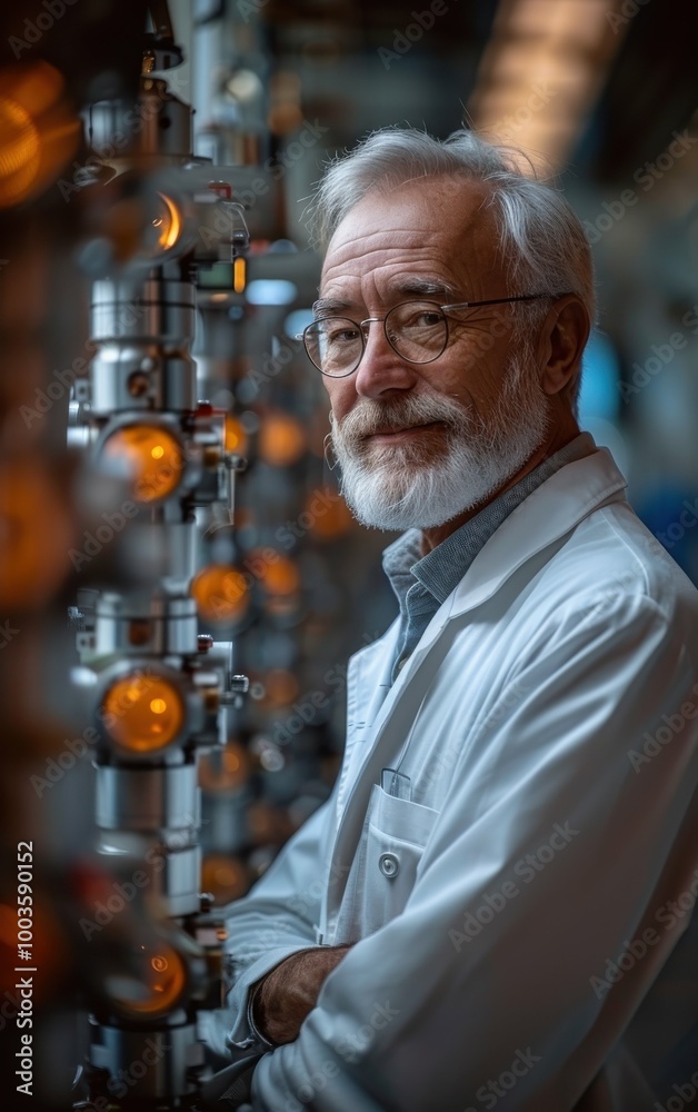 A man in a white lab coat stands in front of a machine with many lights. He is smiling and he is proud of his work A man in a white lab coat stands in front of a machine with many lights. He is smiling and he is proud of his work