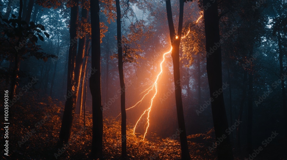 A dramatic display of lightning illuminating the serene forest landscape at dusk