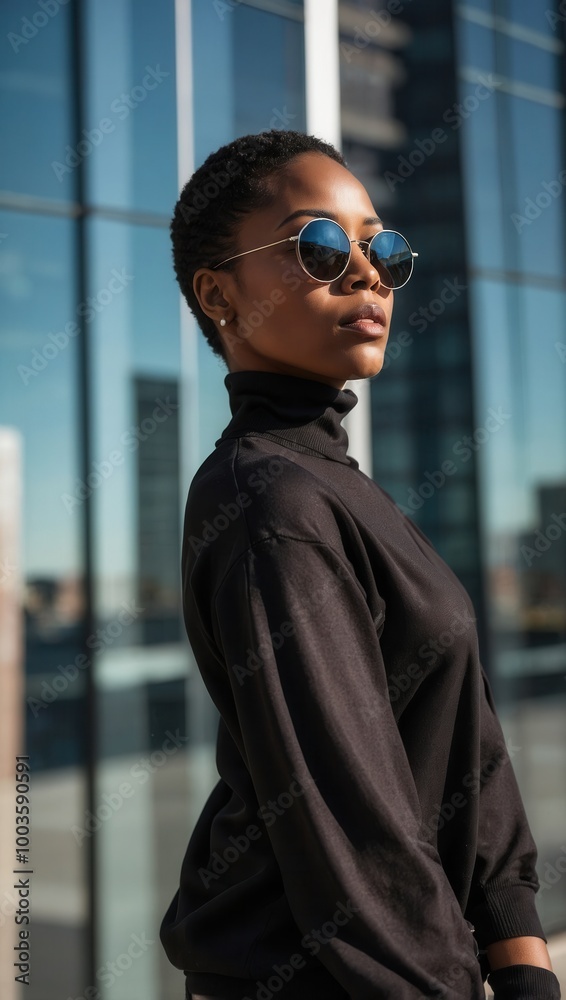 Young woman in sunglasses and black top, standing in urban environment Young woman in sunglasses and black top, standing in urban environment