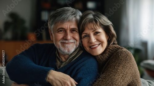 Retired couple hugging with a smile indoors. High quality photo