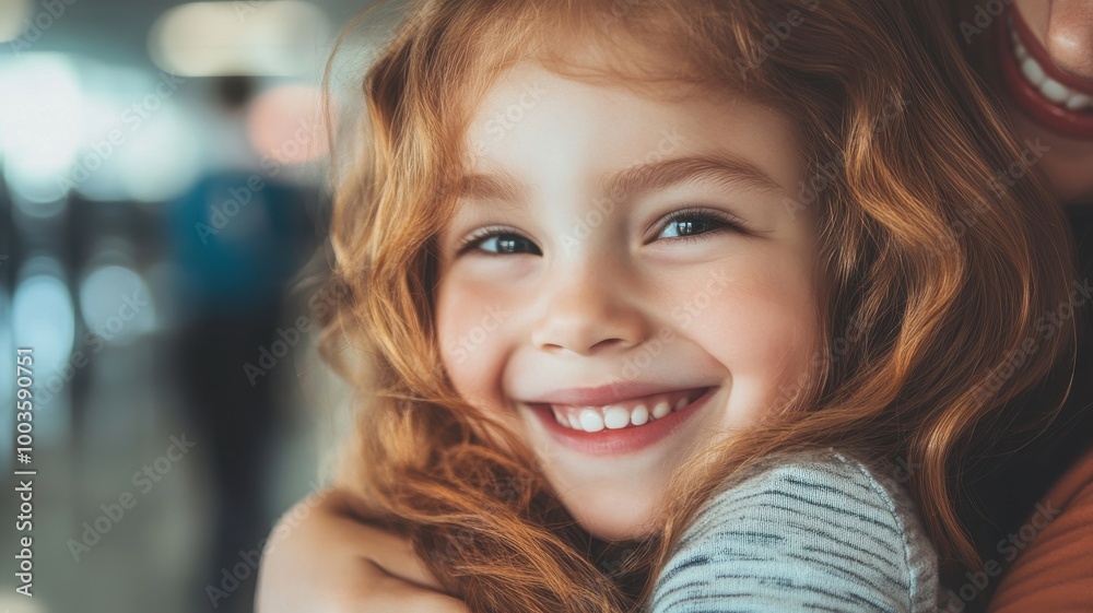 Cheerful child smiling, embracing loved one, joyful atmosphere, soft light.