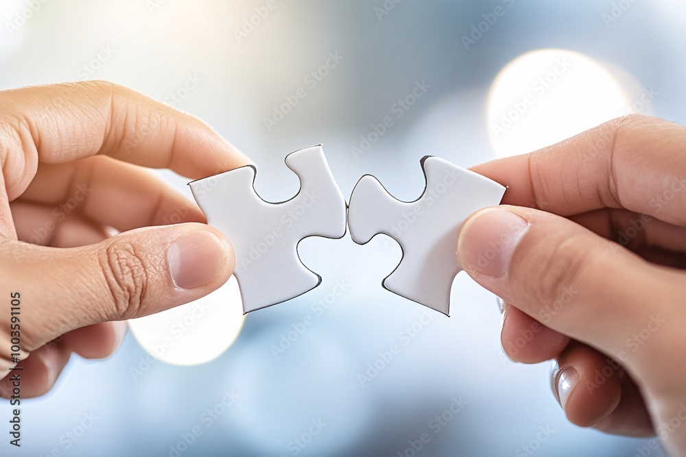 A close-up shows a teams hands holding a puzzle piece together, completing the final part and symbolizing teamwork A close-up shows a teams hands holding a puzzle piece together, completing the final part and symbolizing teamwork