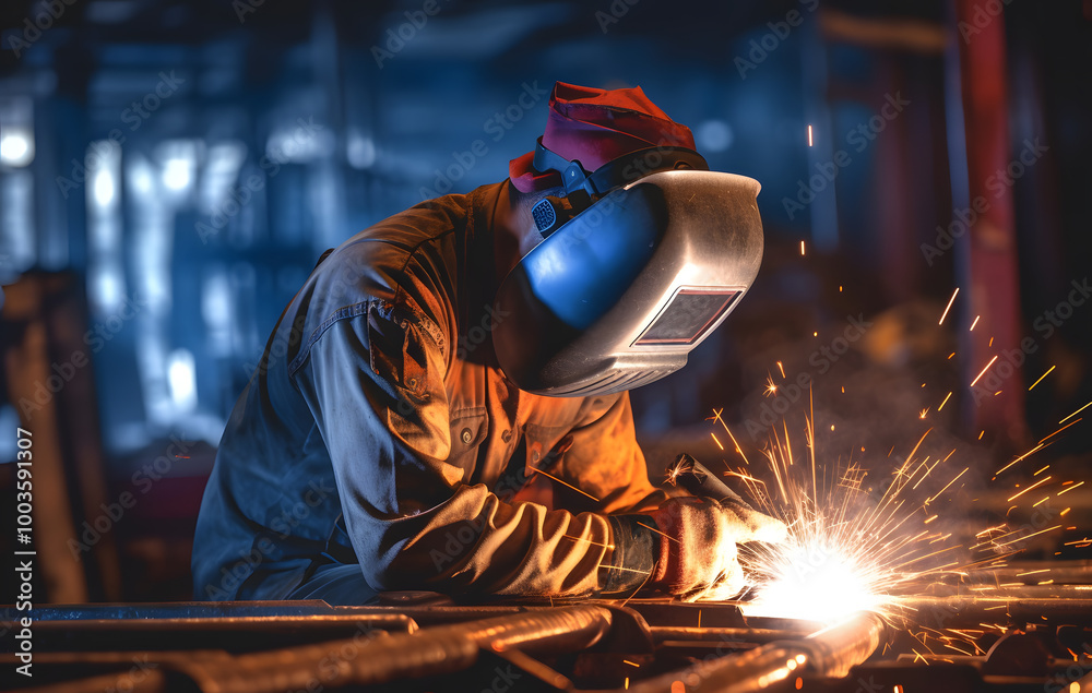 A welder works on steel in an industrial factory, surrounded by sparks and light, wearing a safety mask and focused on the task of metal fabrication