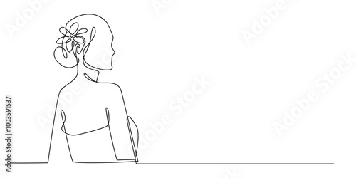 one continuous line drawing of woman with hair in a bun and flowers in ears.one line drawing of woman spa,salon,beauty products.single line vector illustration.isolated white background