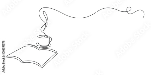 one continuous line drawing of a book and a cup of coffee.single line of an open book with a cup of distinctive aromatic coffee.one line vector illustration.isolated white background