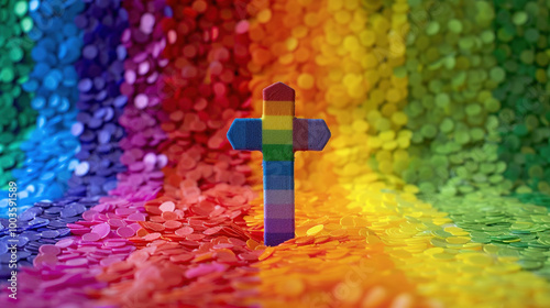 Rainbow religious cross belief faith and LGBT flag on background, christianity and homosexuality freedom pride. Rainbow LGBTQ gay flag as a symbol of tolerance and reformation in a church photo