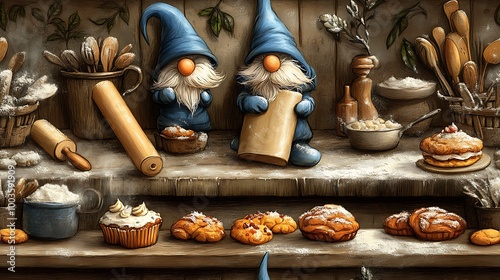 Gnomes in a cozy kitchen, baking cakes and cookies, with flour dusting the air, rolling pins and sugar scattered around, surrounded by vibrant pastries, whimsical and warm with a hand-drawn style. photo