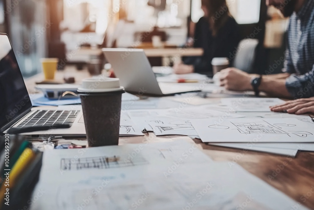 In a creative workspace, a design team sketches and shares ideas around a large desk filled with coffee cups In a creative workspace, a design team sketches and shares ideas around a large desk filled with coffee cups