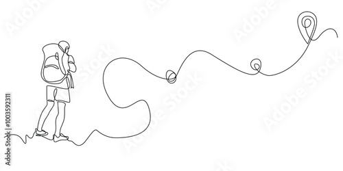 continuous line of adventurous man with map points.one line drawing of nature explorer with gps map.road trip with map points.single line vector illustration.isolated white background