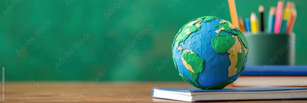 Geography class with a clay globe and textbooks on a desk Geography class with a clay globe and textbooks on a desk